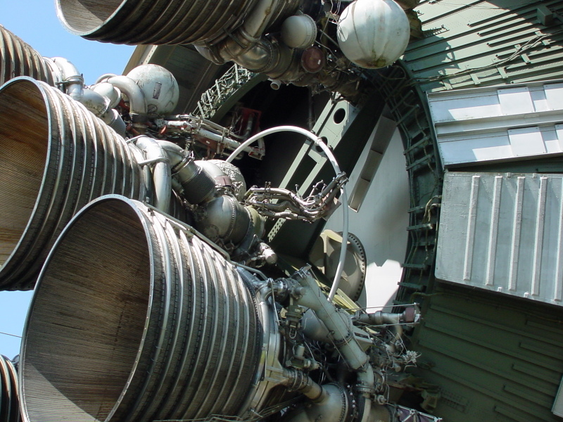 Saturn V S-II (Second) Stage thrust structure and J-2 rocket engine propellant lines at U.S. Space and Rocket Center