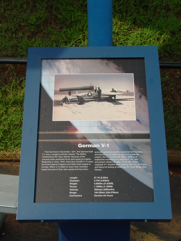 Sign accompanying the V-1 at U.S. Space and Rocket Center