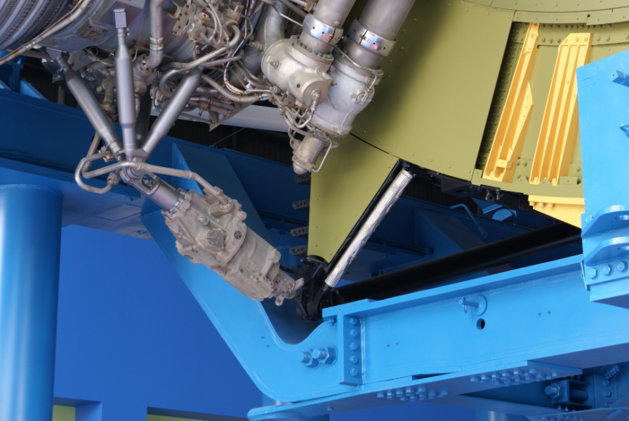 F-1 rocket engine gimbal actuator and gimbal outriggers on Saturn V S-IC (First) Stage at U.S. Space & Rocket Center