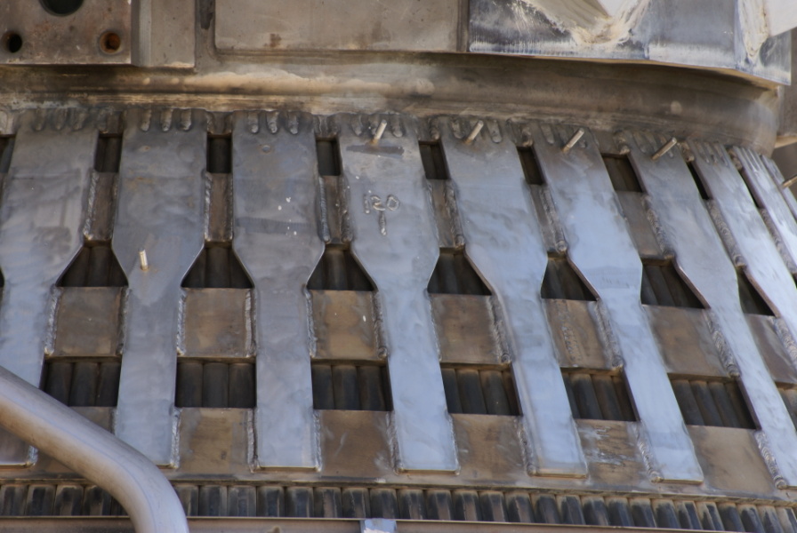 No. 120 tube marking on throat strap on F-1 Engine (Outdoors) at U.S. Space & Rocket Center