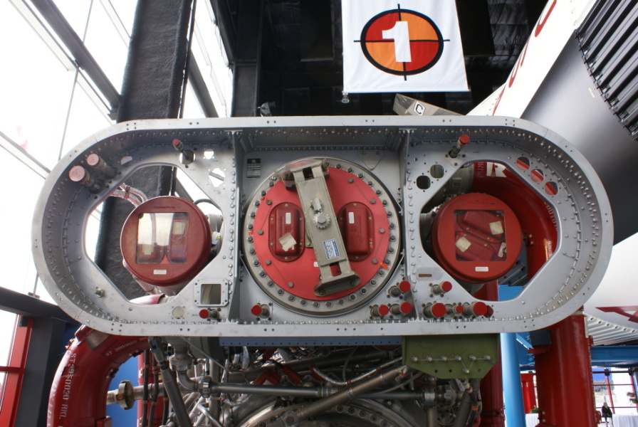 Interface panel, with fuel and oxidizer LOX inlets on F-1 Engine (Davidson Center) at U.S. Space and Rocket Center