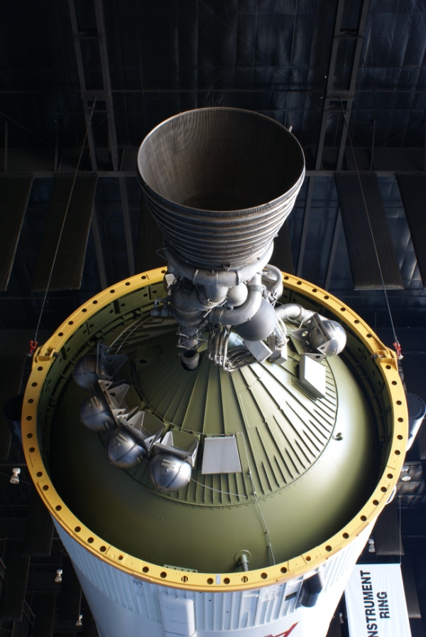 Aft end of Saturn V S-IVB (Third) Stage (Davidson Center), including the aft skirt, thrust structure, and J-2 rocket engine, at U.S. Space and Rocket Center