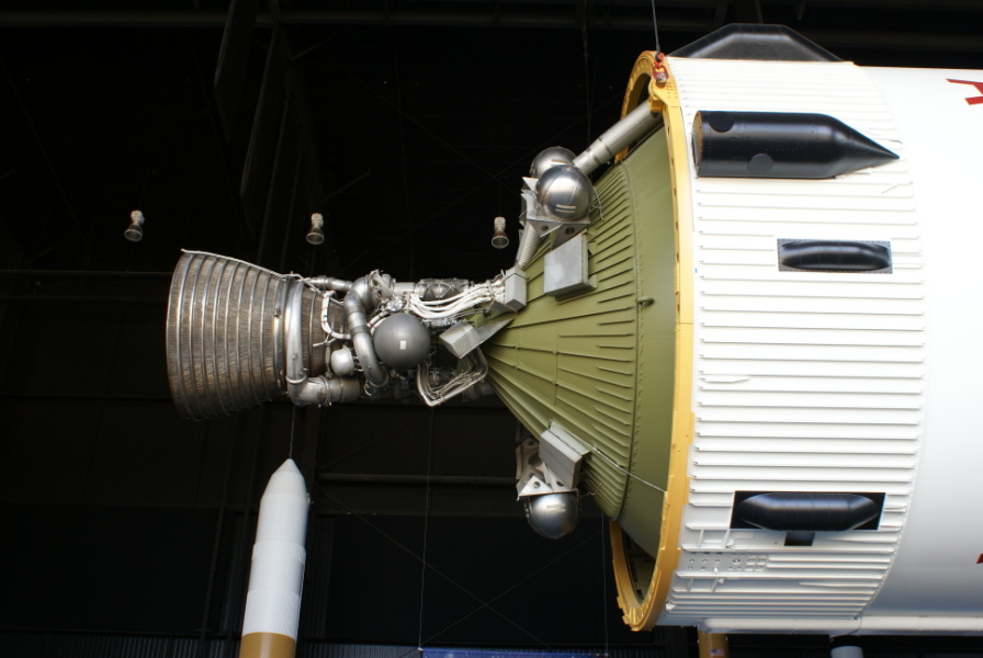 Aft end of Saturn V S-IVB (Third) Stage (Davidson Center), including the aft skirt, thrust structure, and J-2 rocket engine, at U.S. Space and Rocket Center