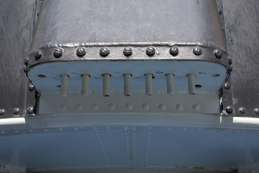 Multiple pneumatic coupling balcony on tail unit of Mercury-Redstone Booster at U.S. Space and Rocket Center