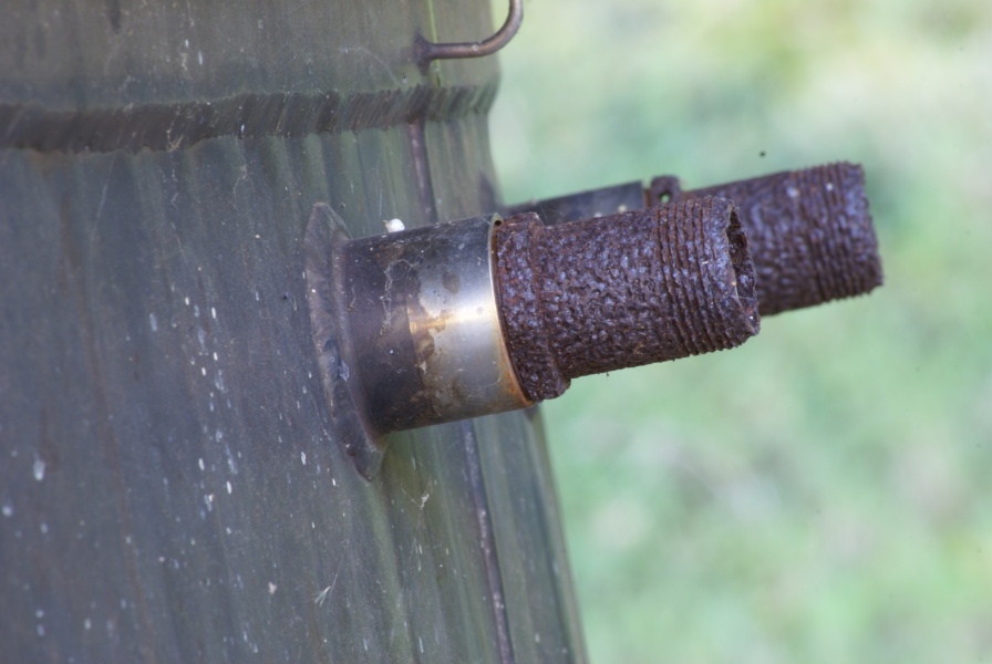Nozzle extension pyrotechnic igniters on F-1 Engine F-4028 (Outdoors) at U.S. Space & Rocket Center