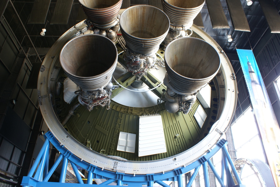 Aft end of Saturn V S-II (Second) Stage (Davidson Center), including LOX fill/drain line, at U.S. Space and Rocket Center