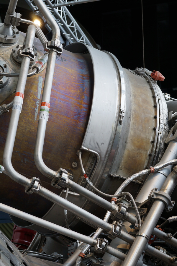 Turbine manifold assembly and turbine shield assembly on F-1 Engine F-6045 at U.S. Space & Rocket Center