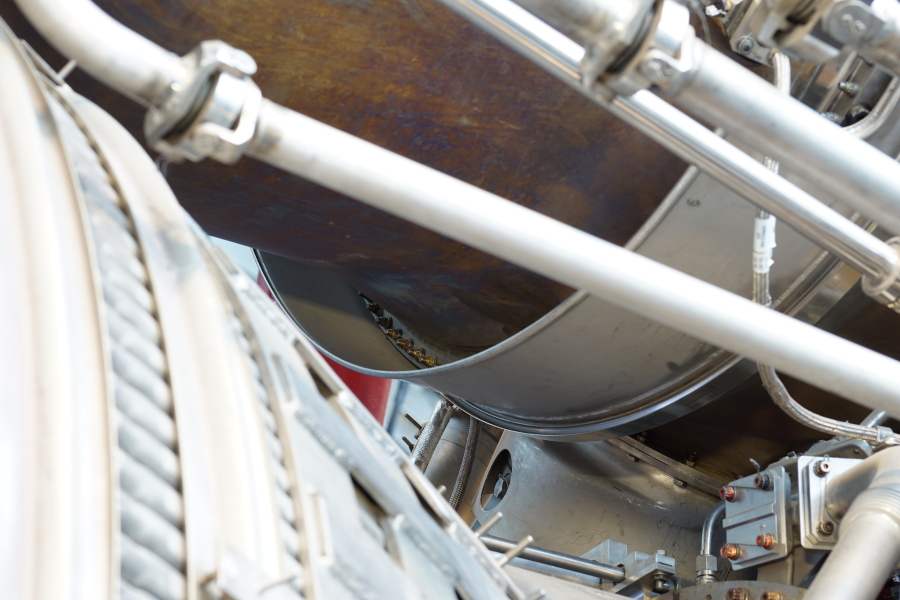 Flange on heat exchanger which connects to turbine manifold assembly on F-1 Engine F-6045 at U.S. Space & Rocket Center