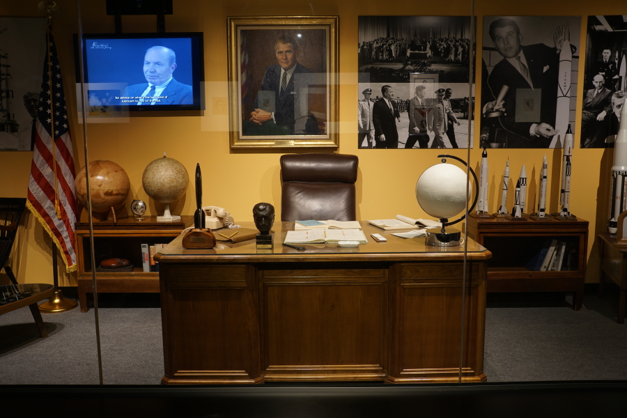 Desk and chair from von Braun's ABMA office in von Braun's ABMA Office (Rocket City Legacy) display at U.S. Space and Rocket Center
