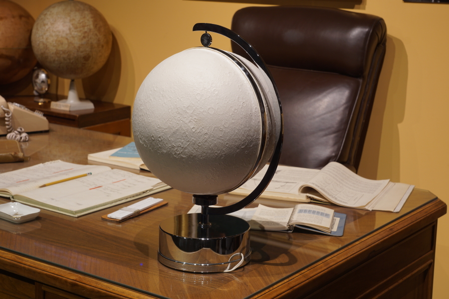 Porcelain globe of the Earth's moon on von Braun's desk in von Braun's ABMA Office (Rocket City Legacy) at U.S. Space and Rocket Center