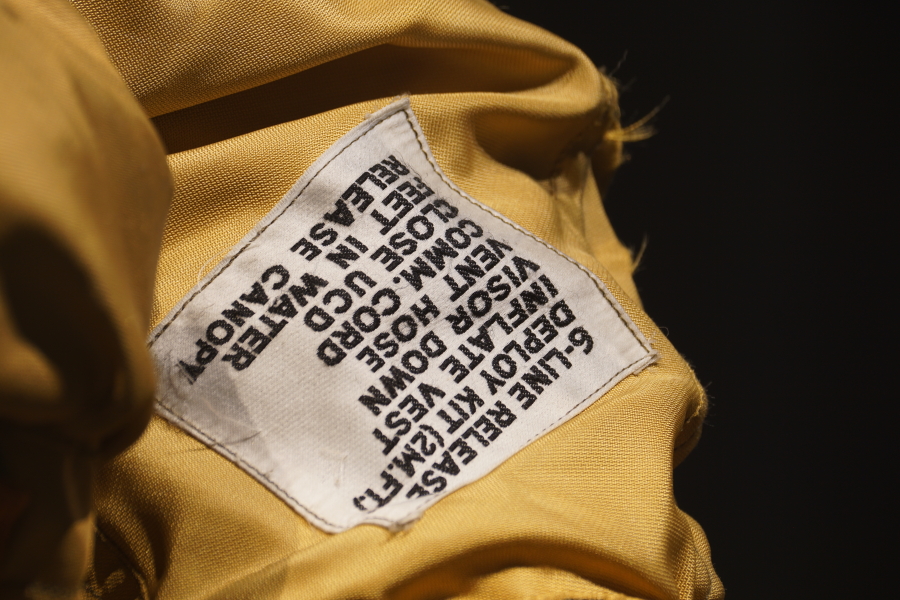 Ejection wrist checklist on Shuttle Ejection Escape Suit at U.S. Space & Rocket Center