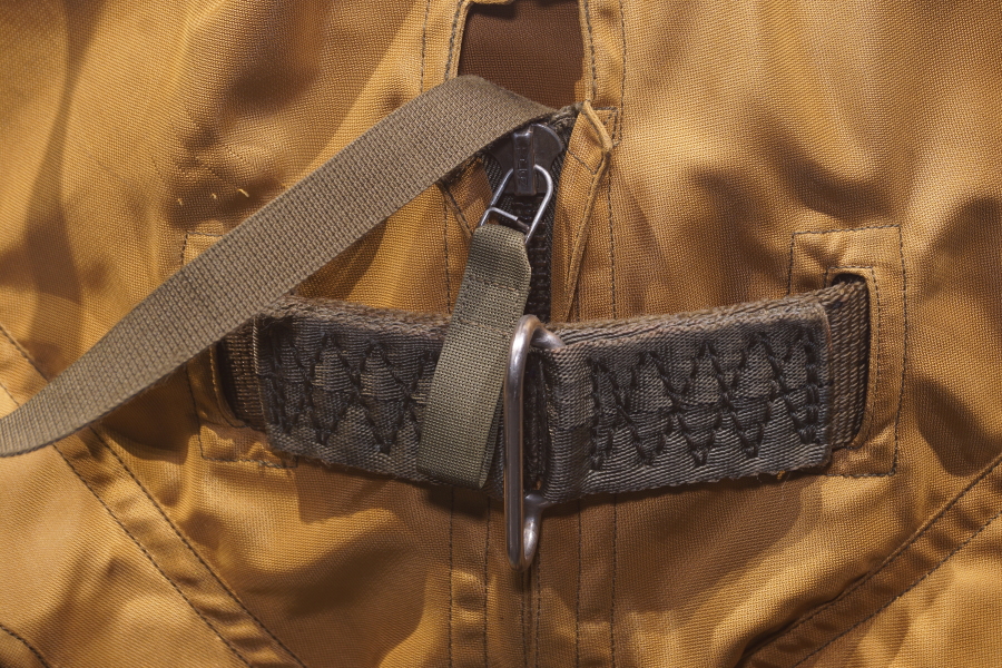 D-ring and nylon strap on Shuttle Ejection Escape Suit at U.S. Space & Rocket Center