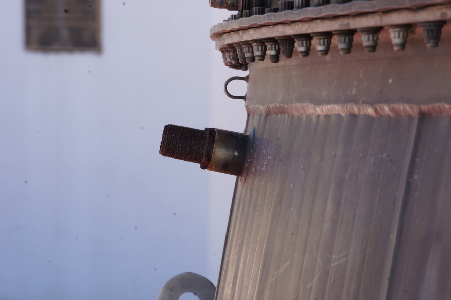 Nozzle extension pyrotechnic igniters on F-1 Engine F-4028 (Outdoors) at U.S. Space & Rocket Center