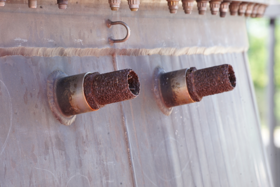 Nozzle extension pyrotechnic igniters on F-1 Engine F-4028 (Outdoors) at U.S. Space & Rocket Center