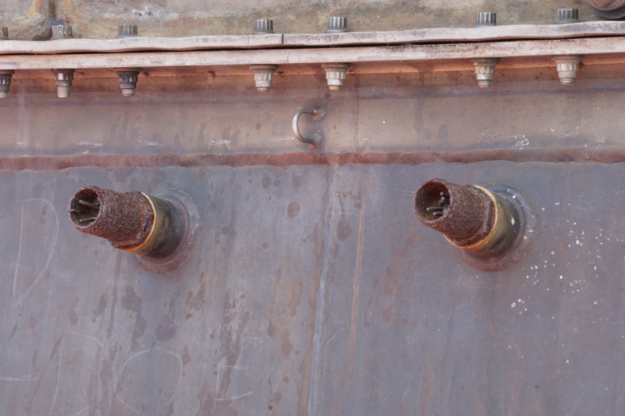 Nozzle extension pyrotechnic igniters on F-1 Engine F-4028 (Outdoors) at U.S. Space & Rocket Center