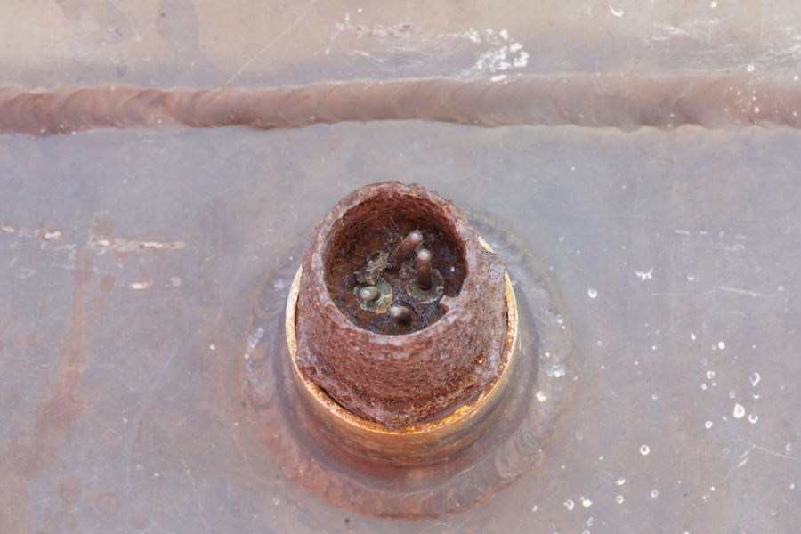 Nozzle extension pyrotechnic igniters on F-1 Engine F-4028 (Outdoors) at U.S. Space & Rocket Center