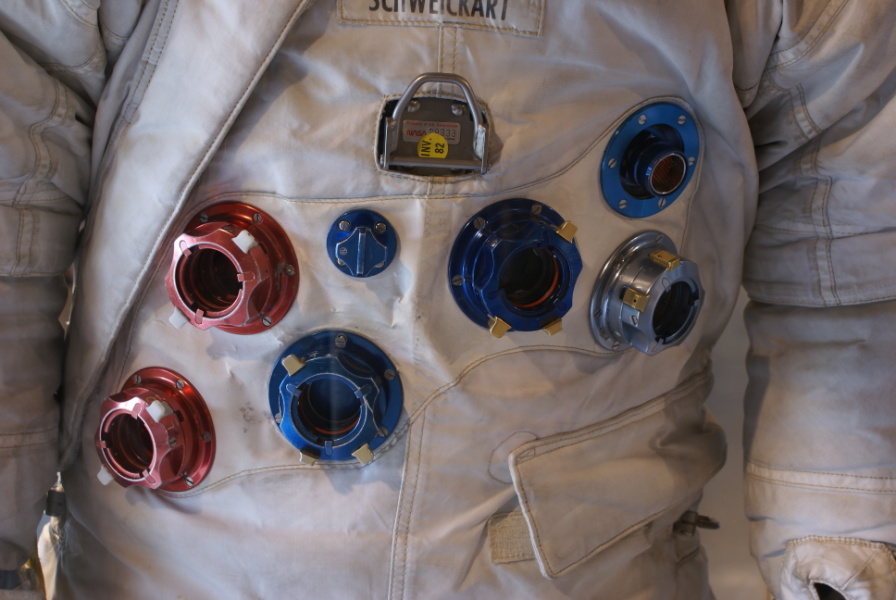 Schweickart's Skylab Training Suit chest connectors at Wallops Island