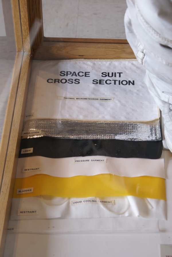 Space suit cross section display with Schweickart's Skylab Training Suit at Wallops Island