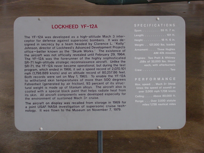 Sign by the YF-12A at the Air Force Museum.