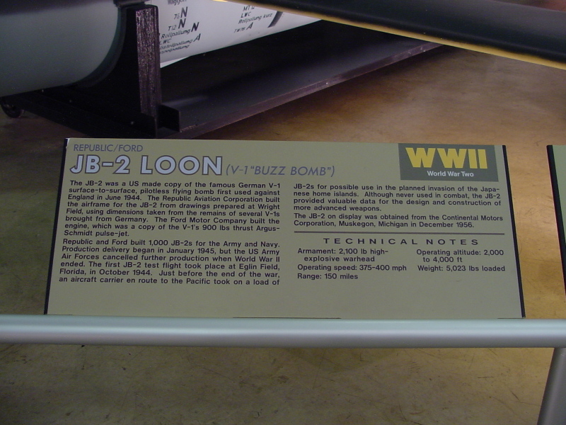 Sign accompanying the JB-2 Loon/V-1 at Air Force Museum