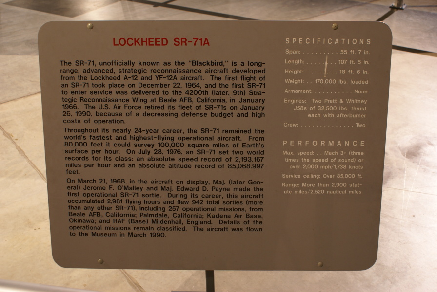 Sign by SR-71 at Air Force Museum.