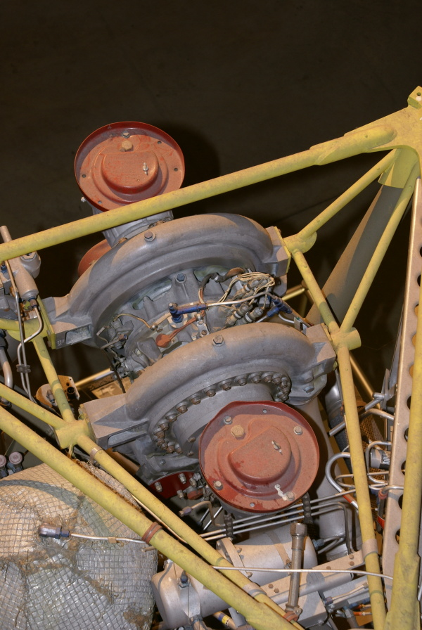 S-3D/LR-79 Engine frame assembly, turbopump, LOX inlet, and fuel (RP-1) inlet at Air Force Museum