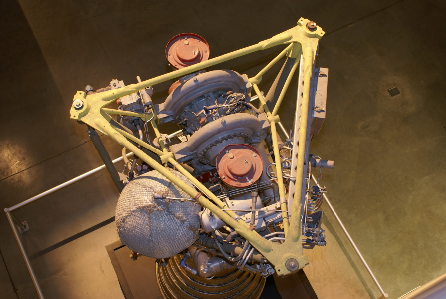 S-3D/LR-79 Engine frame assembly, turbopump, LOX inlet, fuel (RP-1) inlet, and lube oil tank at Air Force Museum