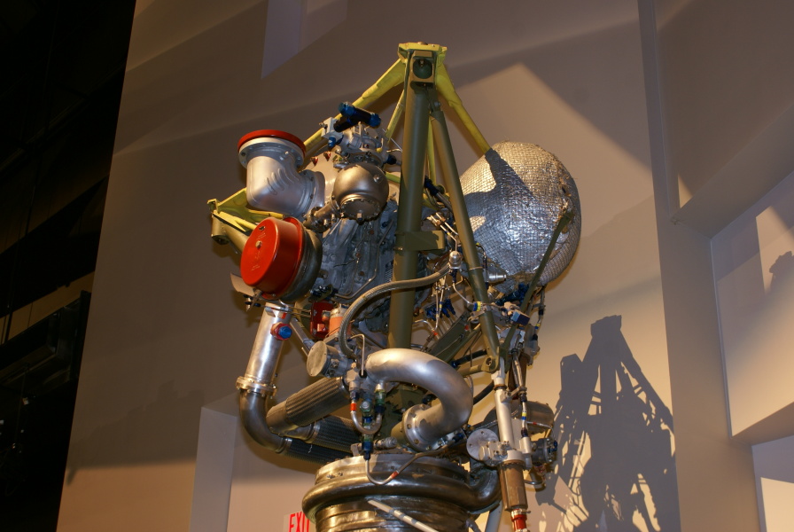 S-3D/LR-79 Engine frame assembly, turbopump, LOX inlet, fuel (RP-1) inlet, lube oil tank, fuel high-pressure duct, and LOX high-pressure duct at Air Force Museum