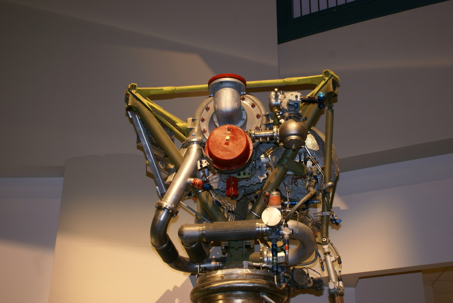S-3D/LR-79 Engine frame assembly, turbopump, LOX inlet, fuel (RP-1) inlet, lube oil tank, fuel high-pressure duct, and LOX high-pressure duct at Air Force Museum