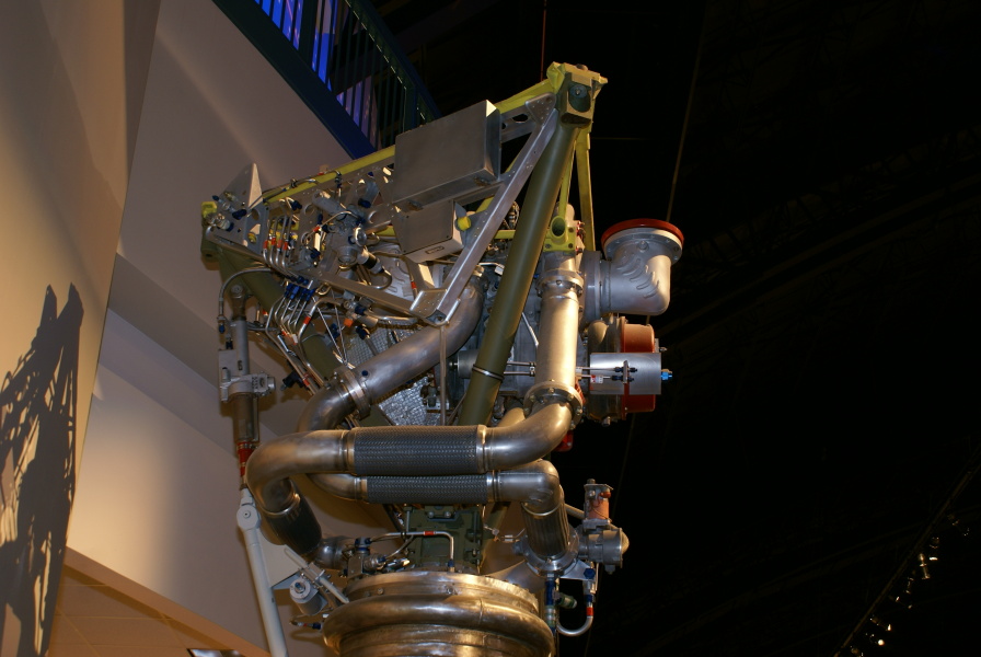 S-3D/LR-79 Engine frame assembly, turbine, fuel (RP-1) inlet, fuel high-pressure duct, and LOX high-pressure duct, at Air Force Museum